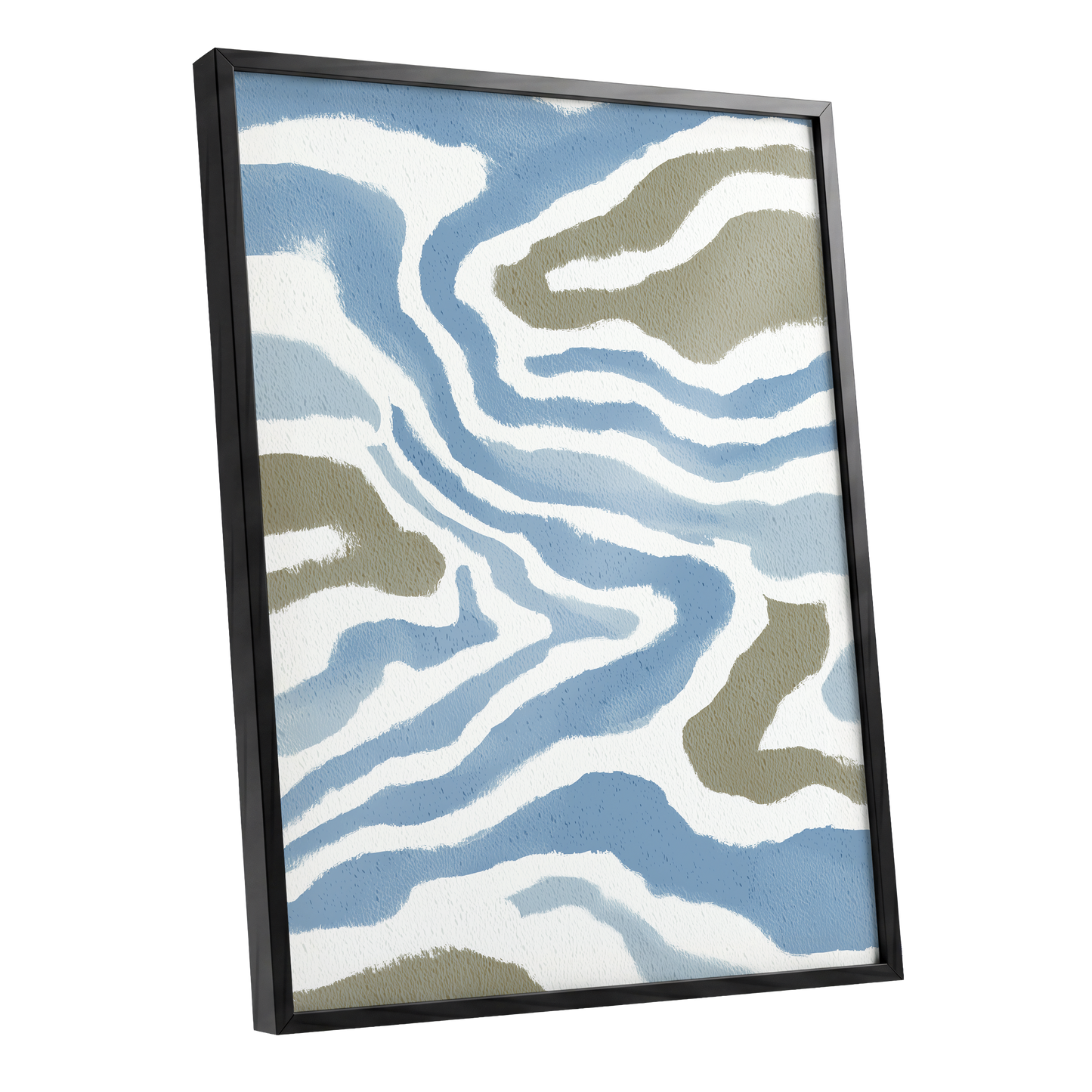 Tidal Contours, blue, white, beige nature wall art shown as a black framed poster wall art print
