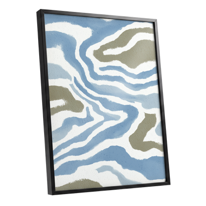 Tidal Contours, blue, white, beige nature wall art shown as a black framed poster wall art print