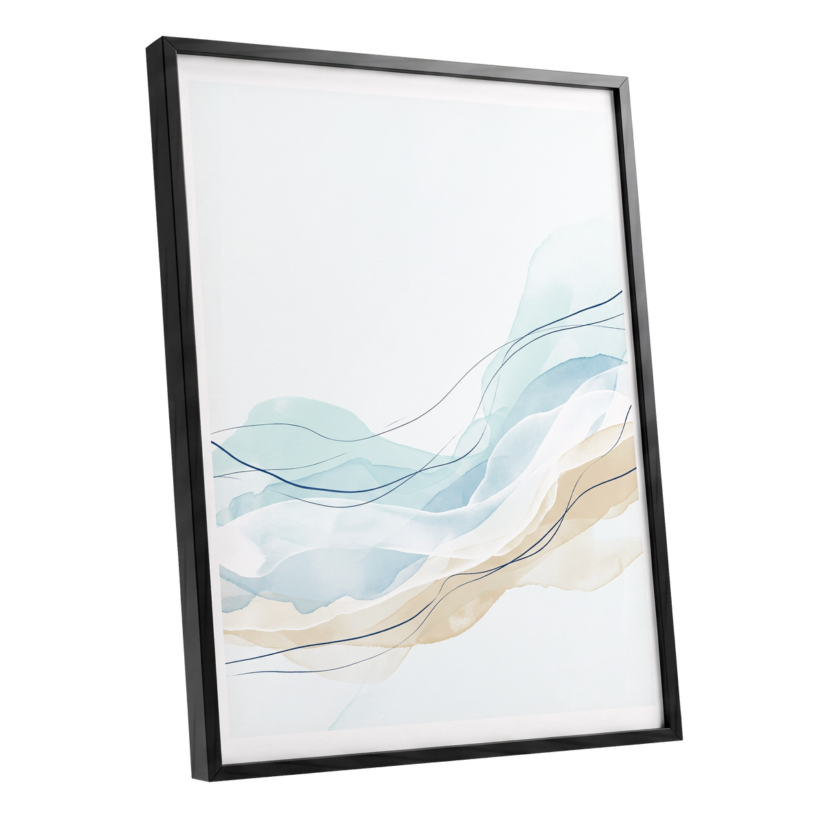 Tidal Contours, blue, beige, white abstract wall art shown as a black framed poster wall art print