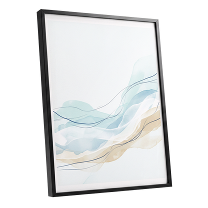 Tidal Contours, blue, beige, white abstract wall art shown as a black framed poster wall art print