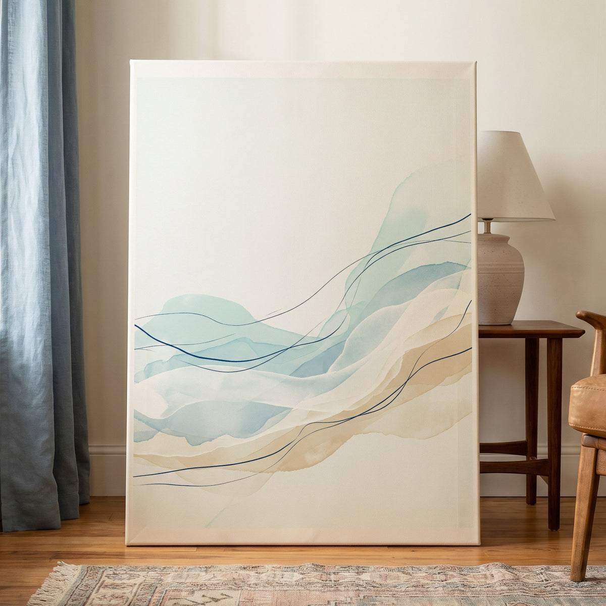 Tidal Contours, blue, beige, white abstract wall art on canvas displayed in a styled interior, gallery view 1