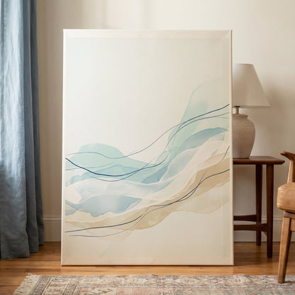 Tidal Contours, blue, beige, white abstract wall art on canvas displayed in a styled interior, gallery view 1