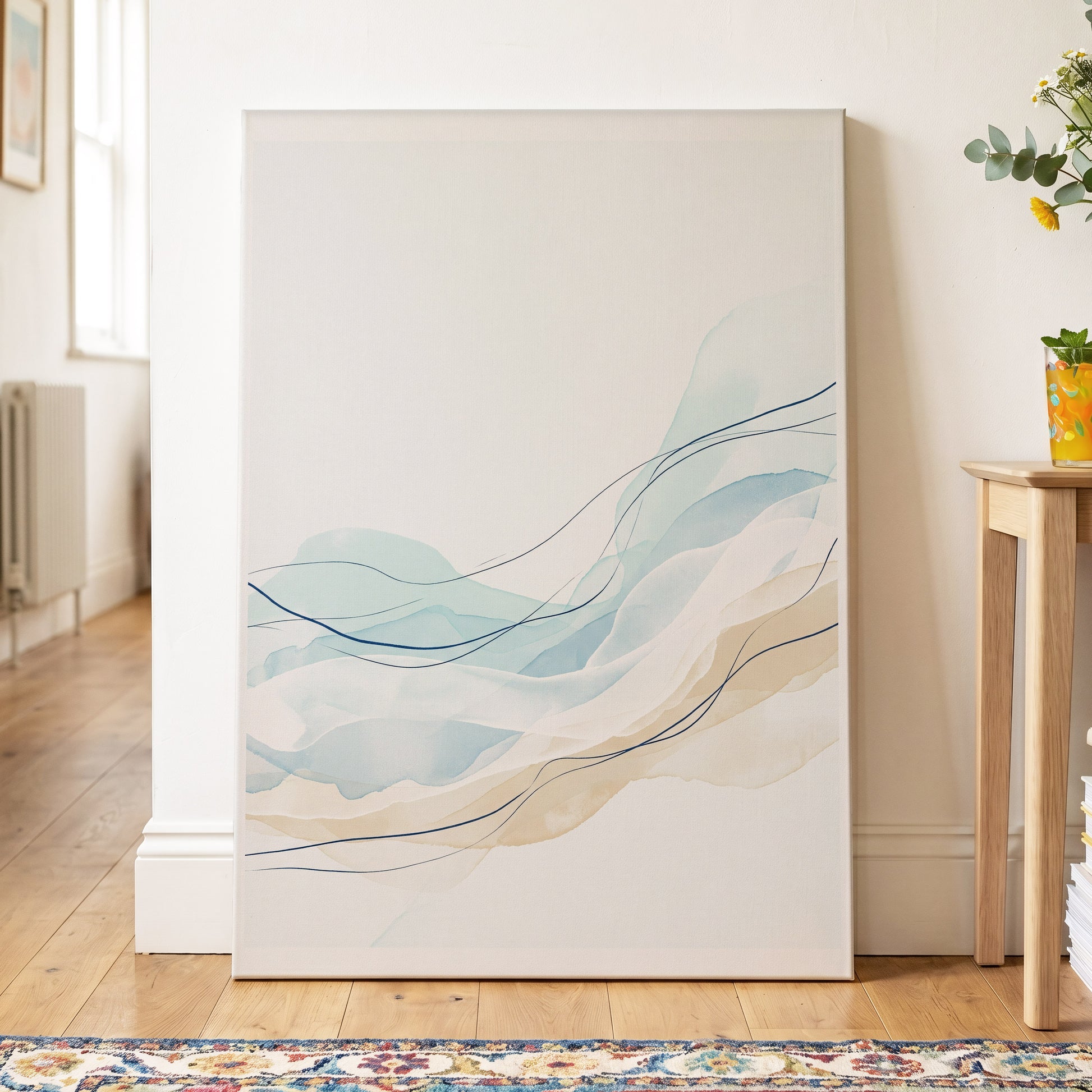 Tidal Contours, blue, beige, white abstract wall art on canvas displayed in a styled interior, gallery view 2
