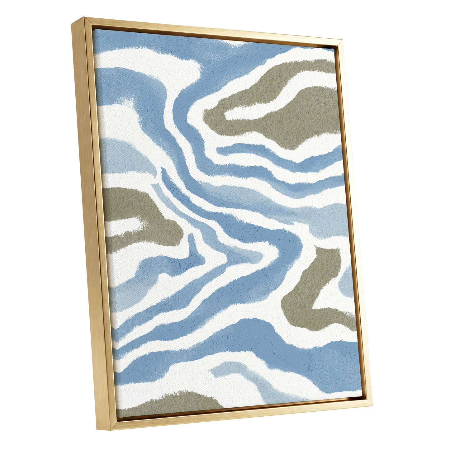 Tidal Contours, blue, white, beige nature wall art shown as a gold framed canvas wall art