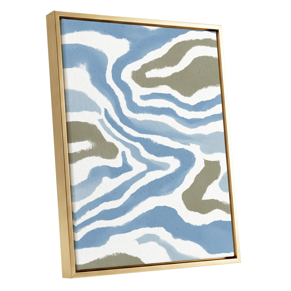 Tidal Contours, blue, white, beige nature wall art shown as a gold framed canvas wall art
