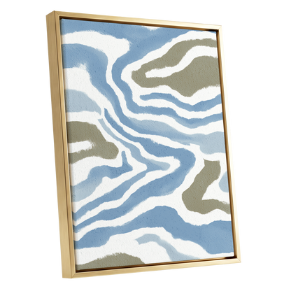 Tidal Contours, blue, white, beige nature wall art shown as a gold framed canvas wall art