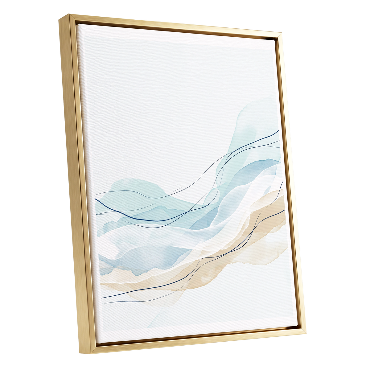 Tidal Contours, blue, beige, white abstract wall art shown as a gold framed canvas wall art