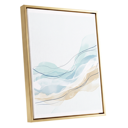Tidal Contours, blue, beige, white abstract wall art shown as a gold framed canvas wall art