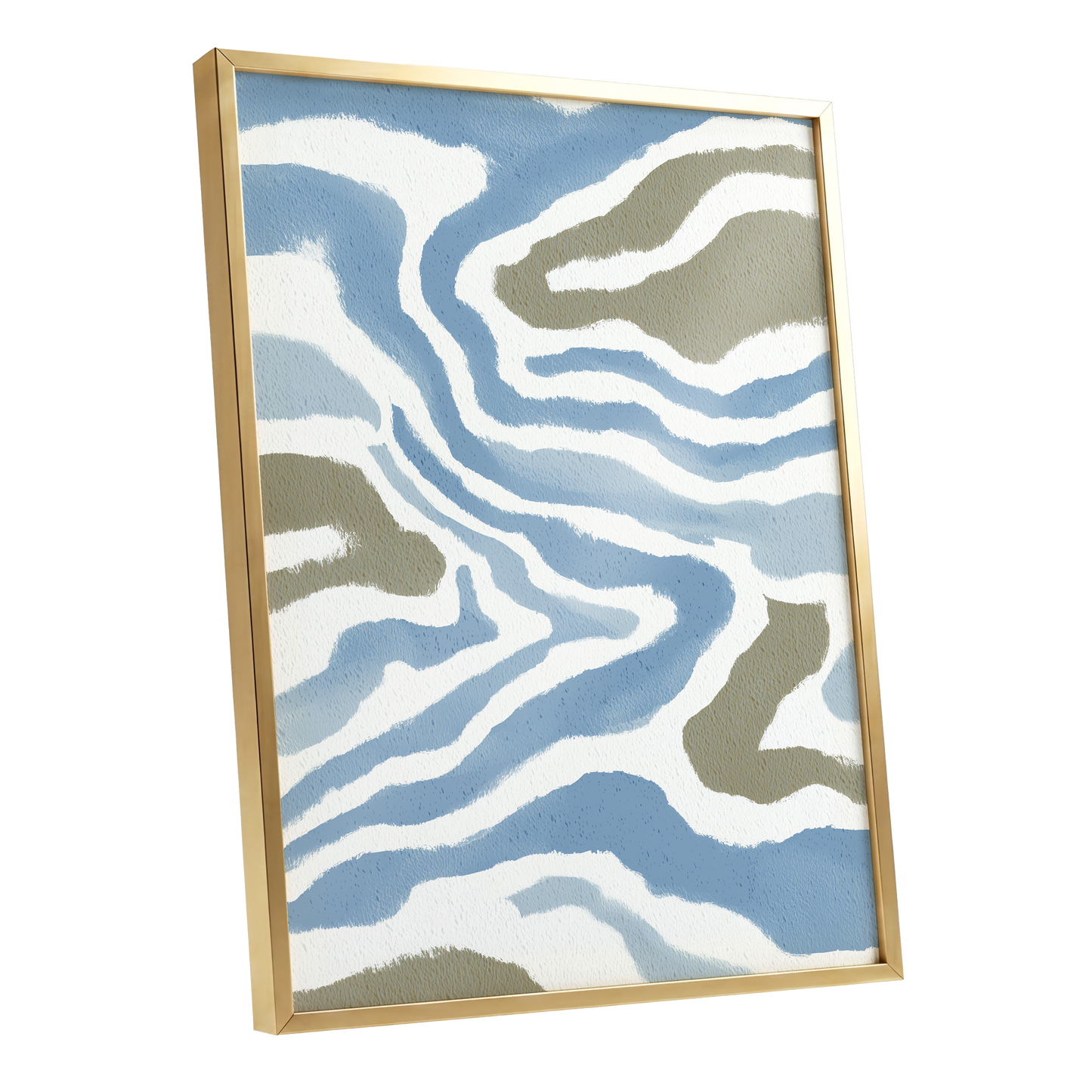 Tidal Contours, blue, white, beige nature wall art shown as a gold framed poster wall art print