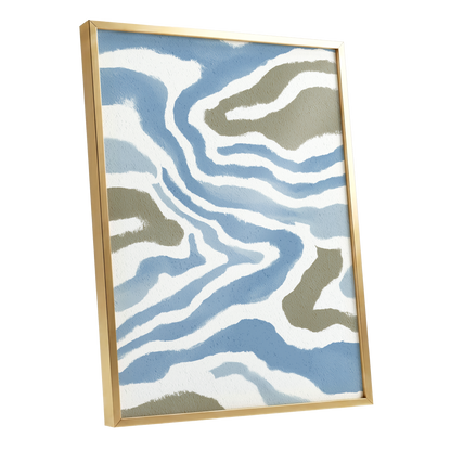 Tidal Contours, blue, white, beige nature wall art shown as a gold framed poster wall art print