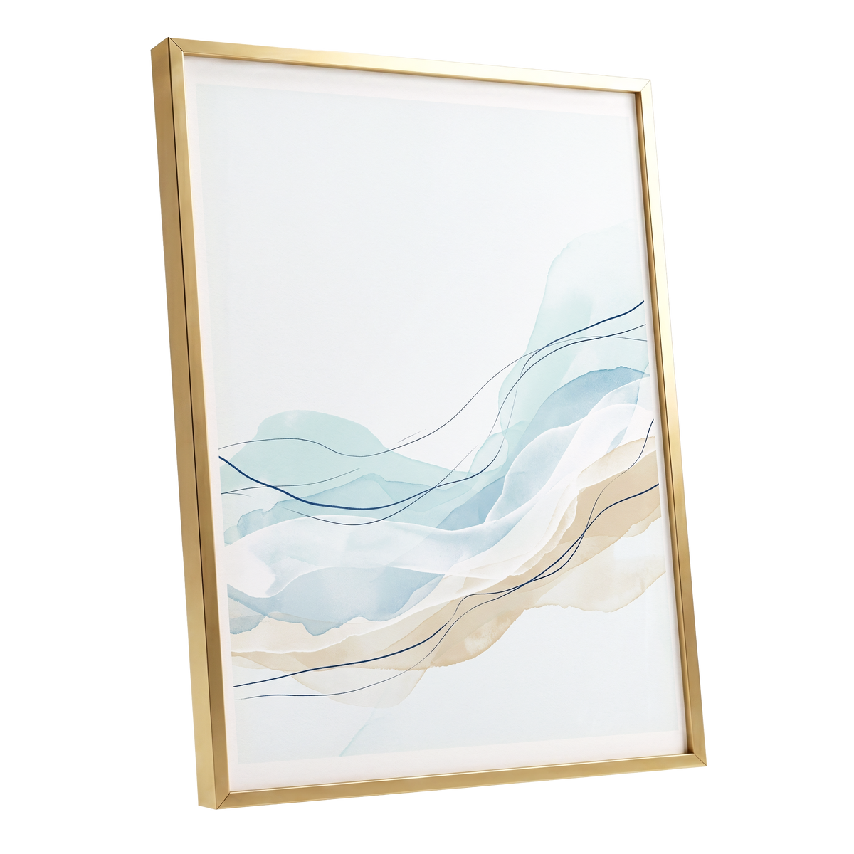 Tidal Contours, blue, beige, white abstract wall art shown as a gold framed poster wall art print