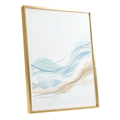 Tidal Contours, blue, beige, white abstract wall art shown as a gold framed poster wall art print