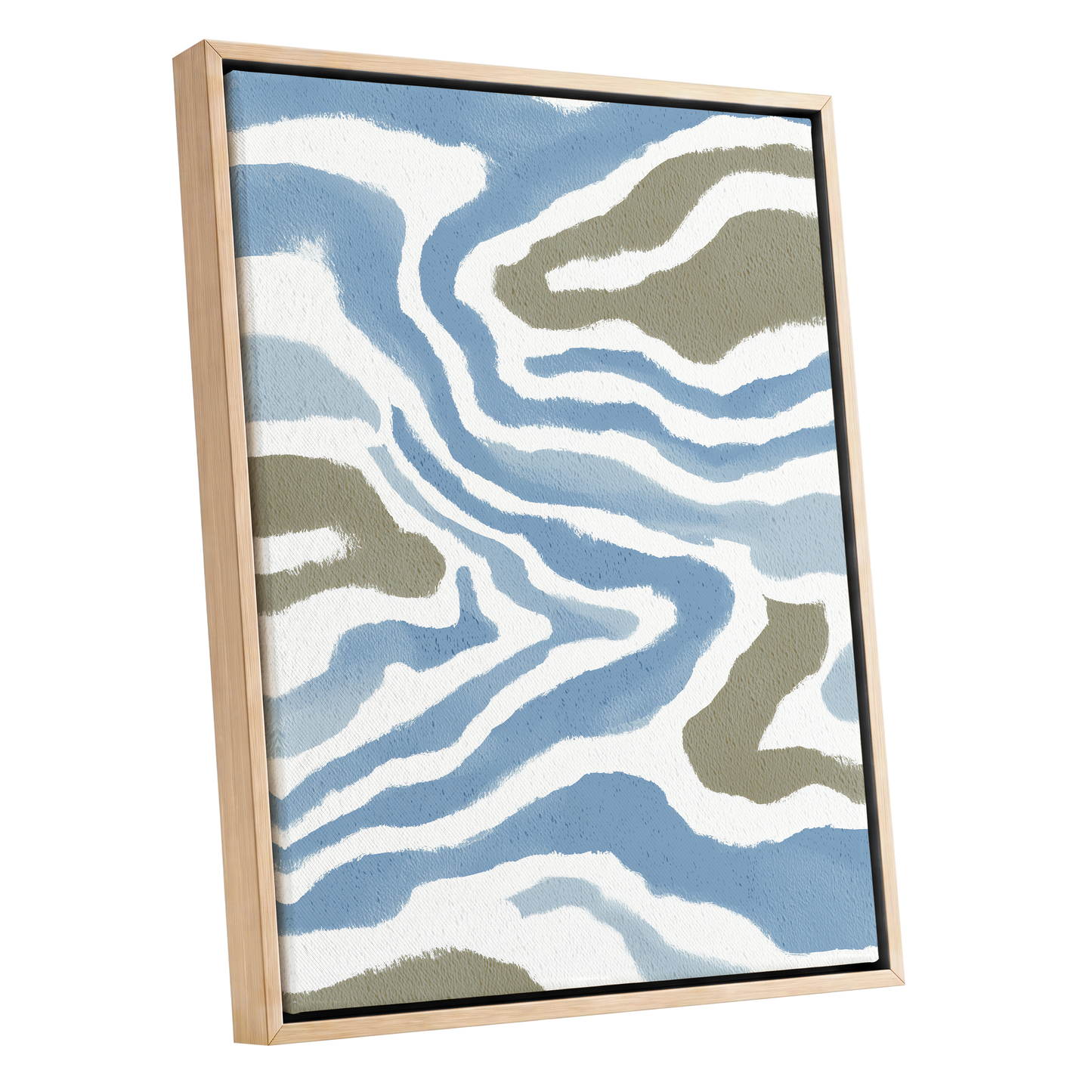 Tidal Contours, blue, white, beige nature wall art shown as a oak framed canvas wall art