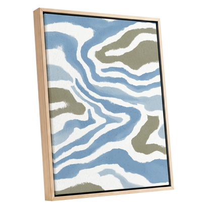 Tidal Contours, blue, white, beige nature wall art shown as a oak framed canvas wall art