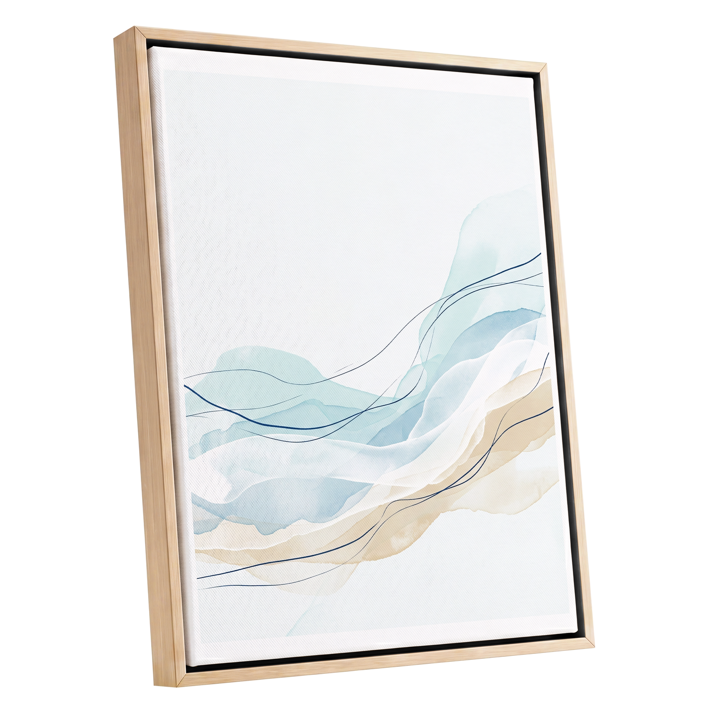 Tidal Contours, blue, beige, white abstract wall art shown as a oak framed canvas wall art
