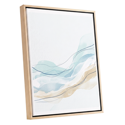 Tidal Contours, blue, beige, white abstract wall art shown as a oak framed canvas wall art