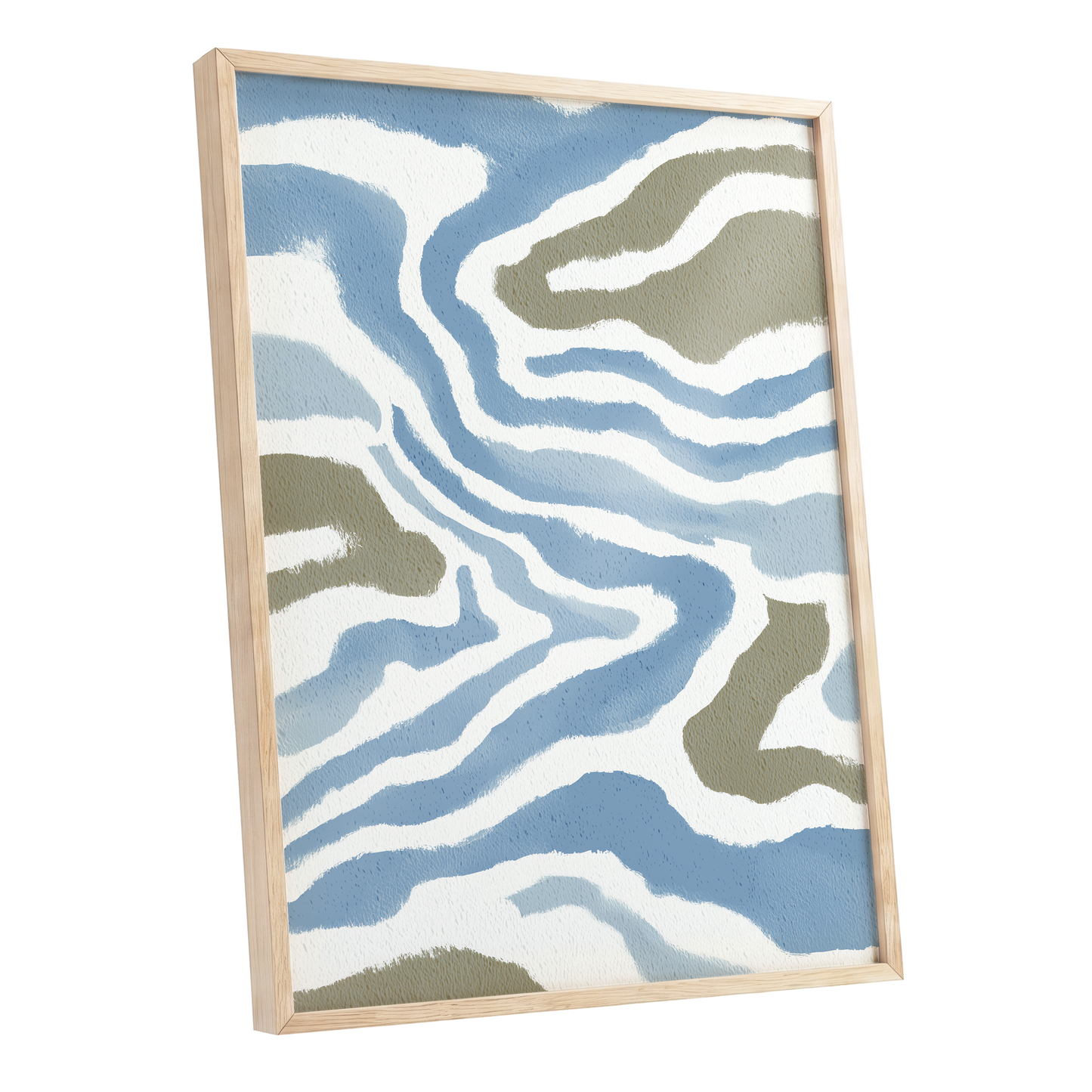 Tidal Contours, blue, white, beige nature wall art shown as a oak framed poster wall art print