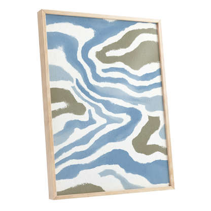 Tidal Contours, blue, white, beige nature wall art shown as a oak framed poster wall art print
