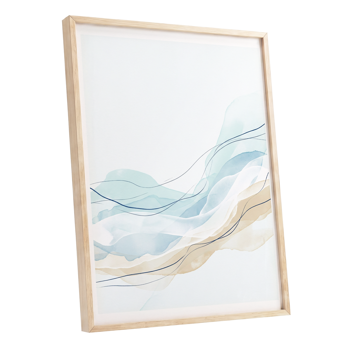 Tidal Contours, blue, beige, white abstract wall art shown as a oak framed poster wall art print