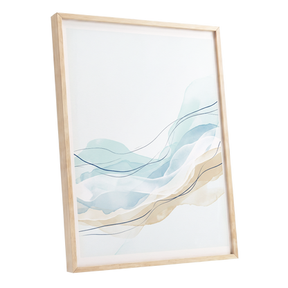 Tidal Contours, blue, beige, white abstract wall art shown as a oak framed poster wall art print