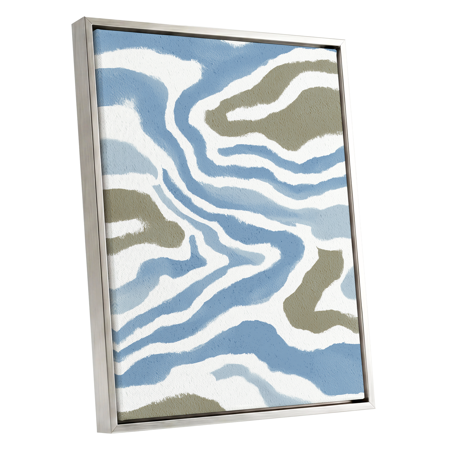 Tidal Contours, blue, white, beige nature wall art shown as a silver framed canvas wall art