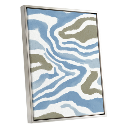 Tidal Contours, blue, white, beige nature wall art shown as a silver framed canvas wall art