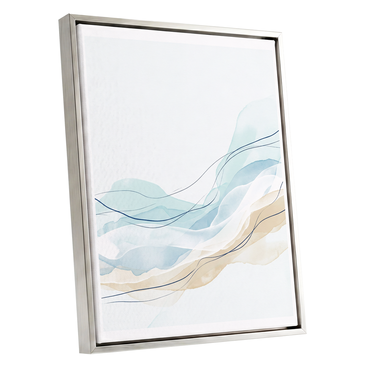 Tidal Contours, blue, beige, white abstract wall art shown as a silver framed canvas wall art