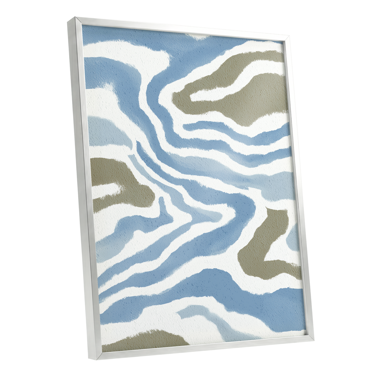 Tidal Contours, blue, white, beige nature wall art shown as a silver framed poster wall art print
