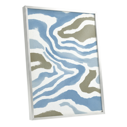Tidal Contours, blue, white, beige nature wall art shown as a silver framed poster wall art print