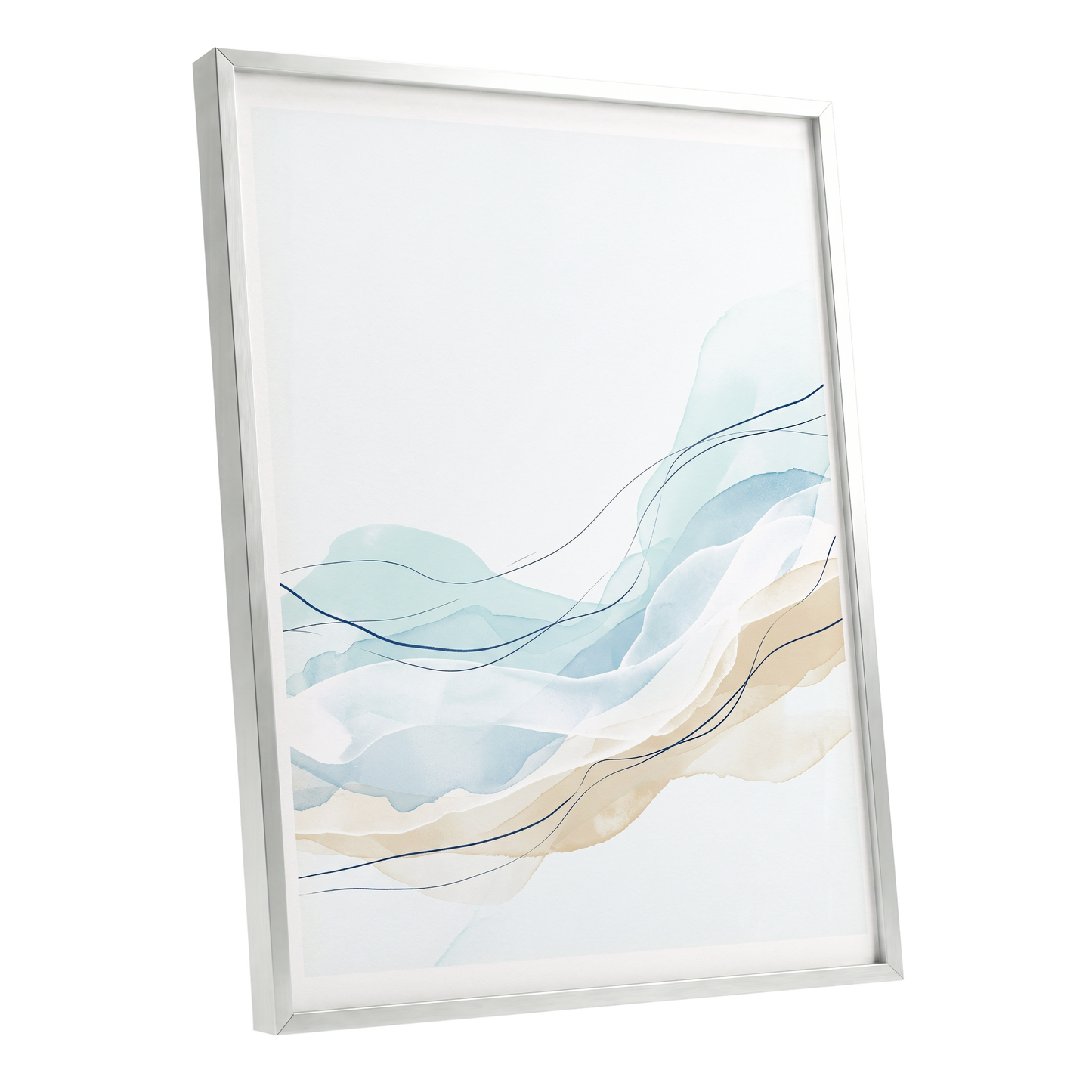 Tidal Contours, blue, beige, white abstract wall art shown as a silver framed poster wall art print