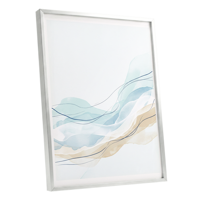 Tidal Contours, blue, beige, white abstract wall art shown as a silver framed poster wall art print