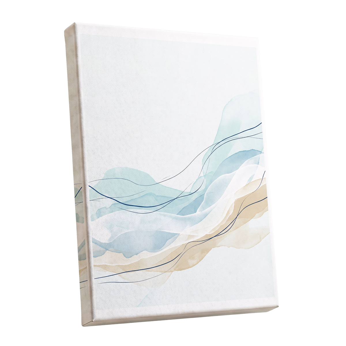 Tidal Contours, blue, beige, white abstract wall art shown as a stretched canvas wall art