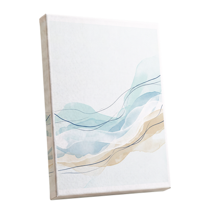 Tidal Contours, blue, beige, white abstract wall art shown as a stretched canvas wall art