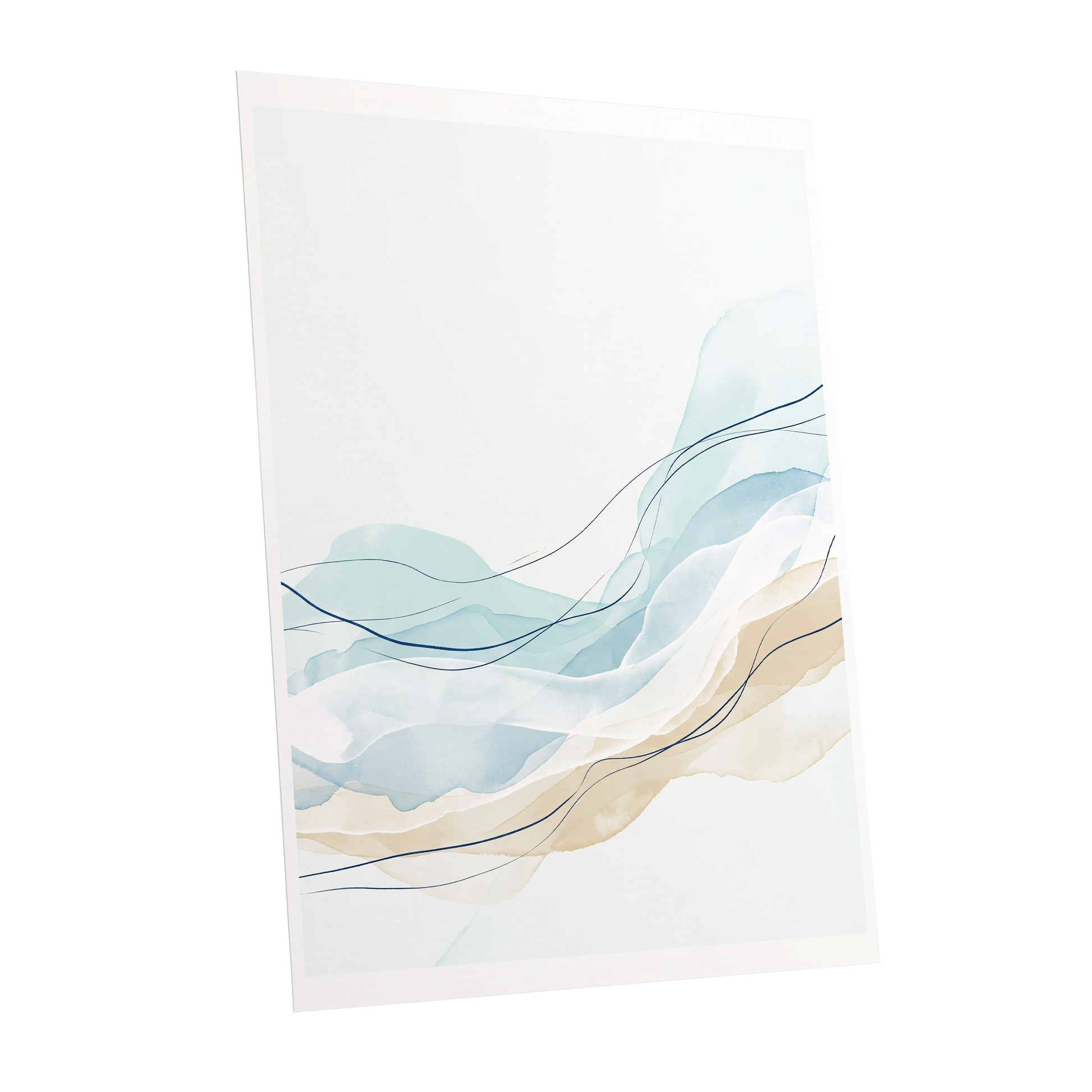 Tidal Contours, blue, beige, white abstract wall art shown as a unframed poster wall art print