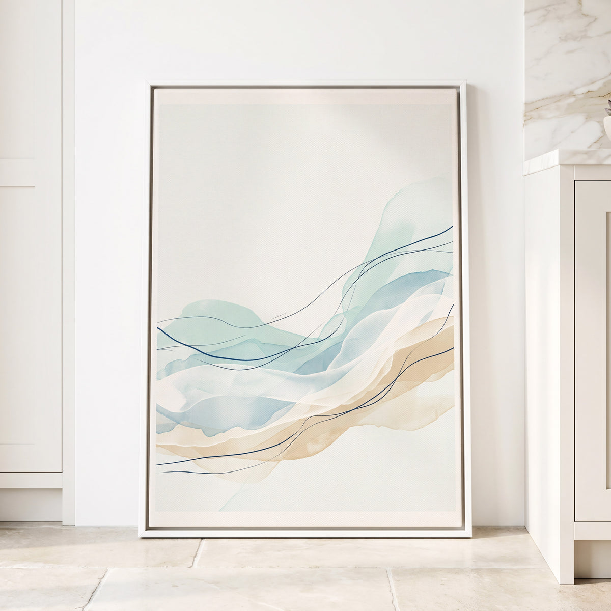 Tidal Contours, blue, beige, white abstract wall art displayed in a styled interior, gallery view 1