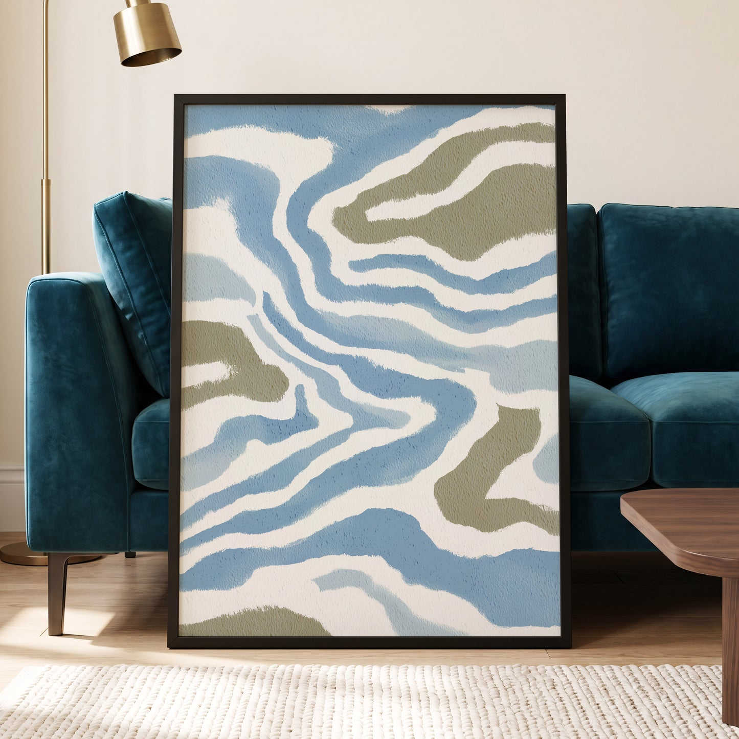 Tidal Contours, blue, white, beige nature wall art displayed in a styled interior, gallery view 2