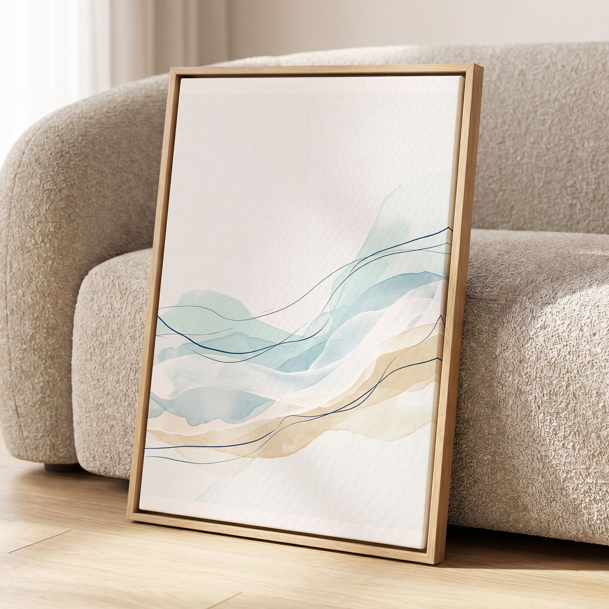 Tidal Contours, blue, beige, white abstract wall art displayed in a styled interior, gallery view 2