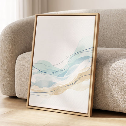 Tidal Contours, blue, beige, white abstract wall art displayed in a styled interior, gallery view 2