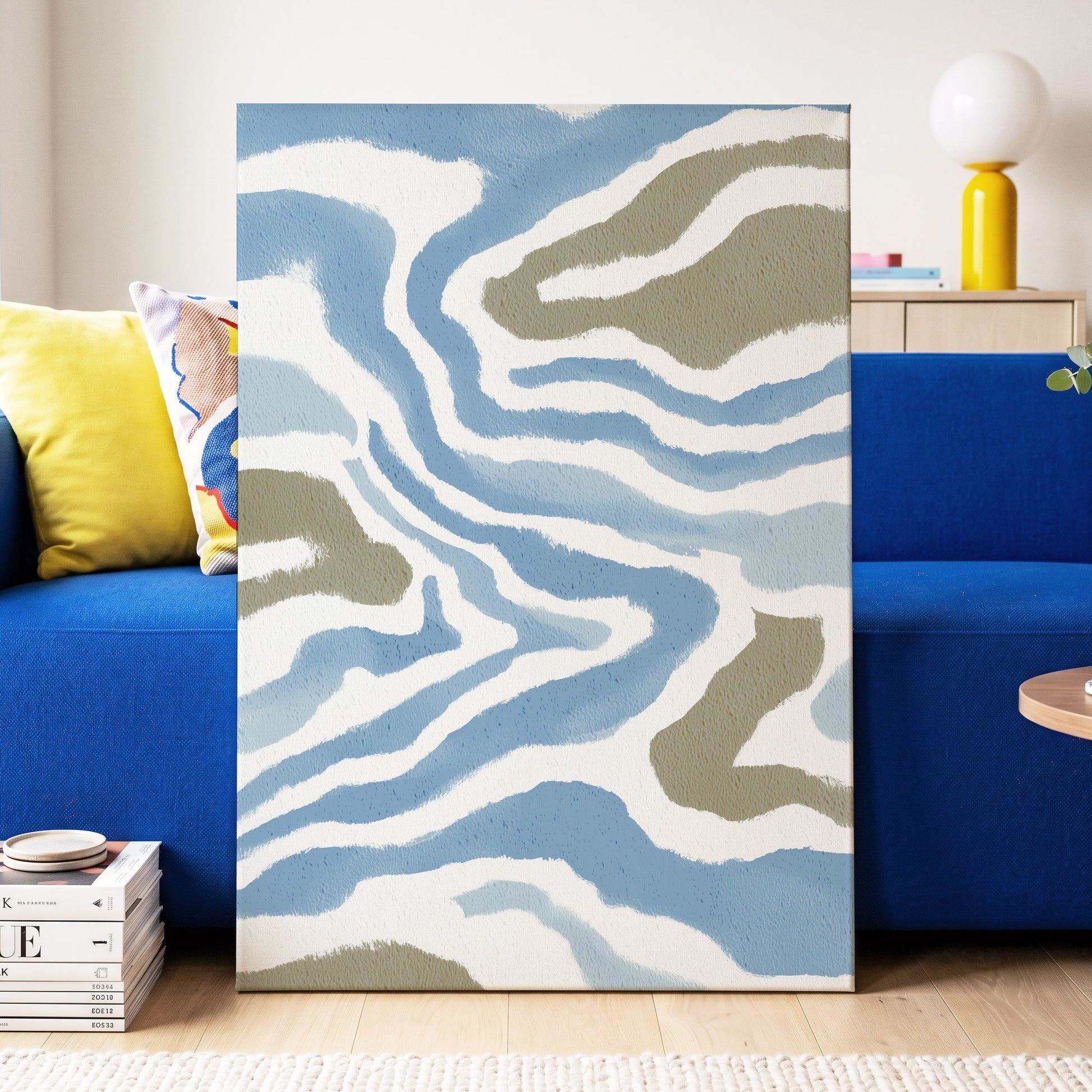 Tidal Contours, blue, white, beige nature wall art displayed in a styled interior, gallery view 3