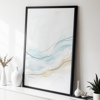 Tidal Contours, blue, beige, white abstract wall art displayed in a styled interior, gallery view 3