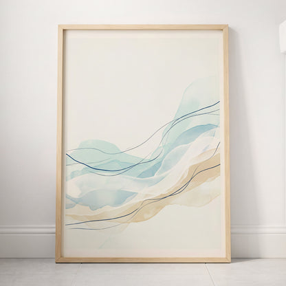 Tidal Contours, blue, beige, white abstract wall art displayed in a styled interior, gallery view 4