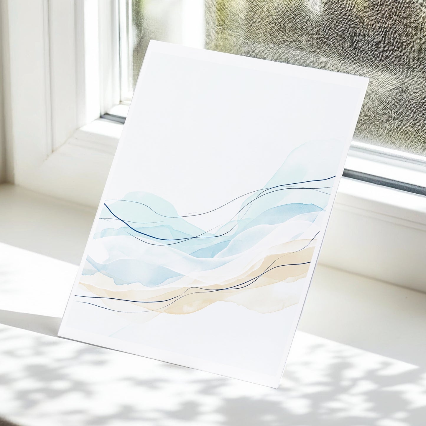 Tidal Contours, blue, beige, white abstract wall art displayed in a styled interior, gallery view 5