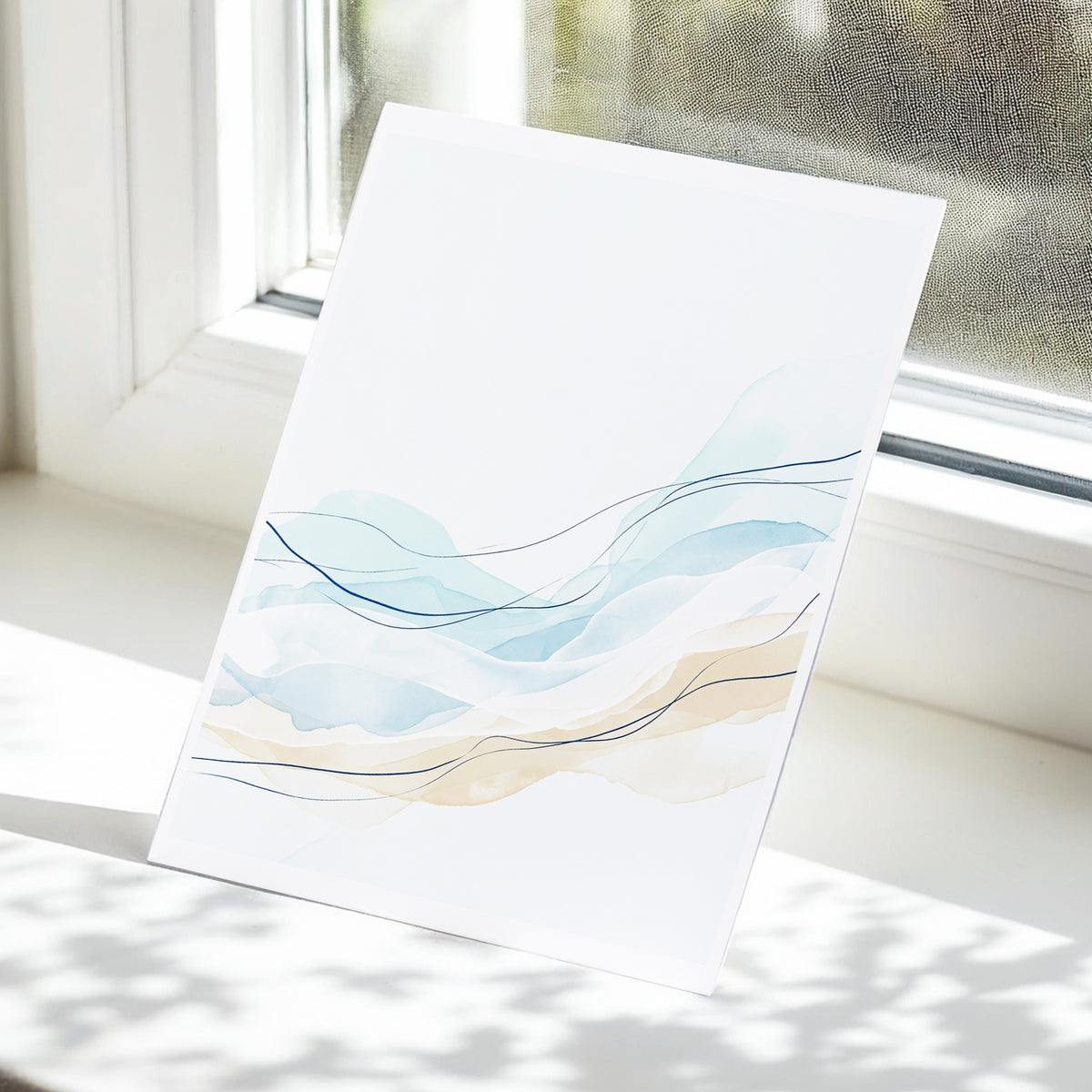 Tidal Contours, blue, beige, white abstract wall art displayed in a styled interior, gallery view 5