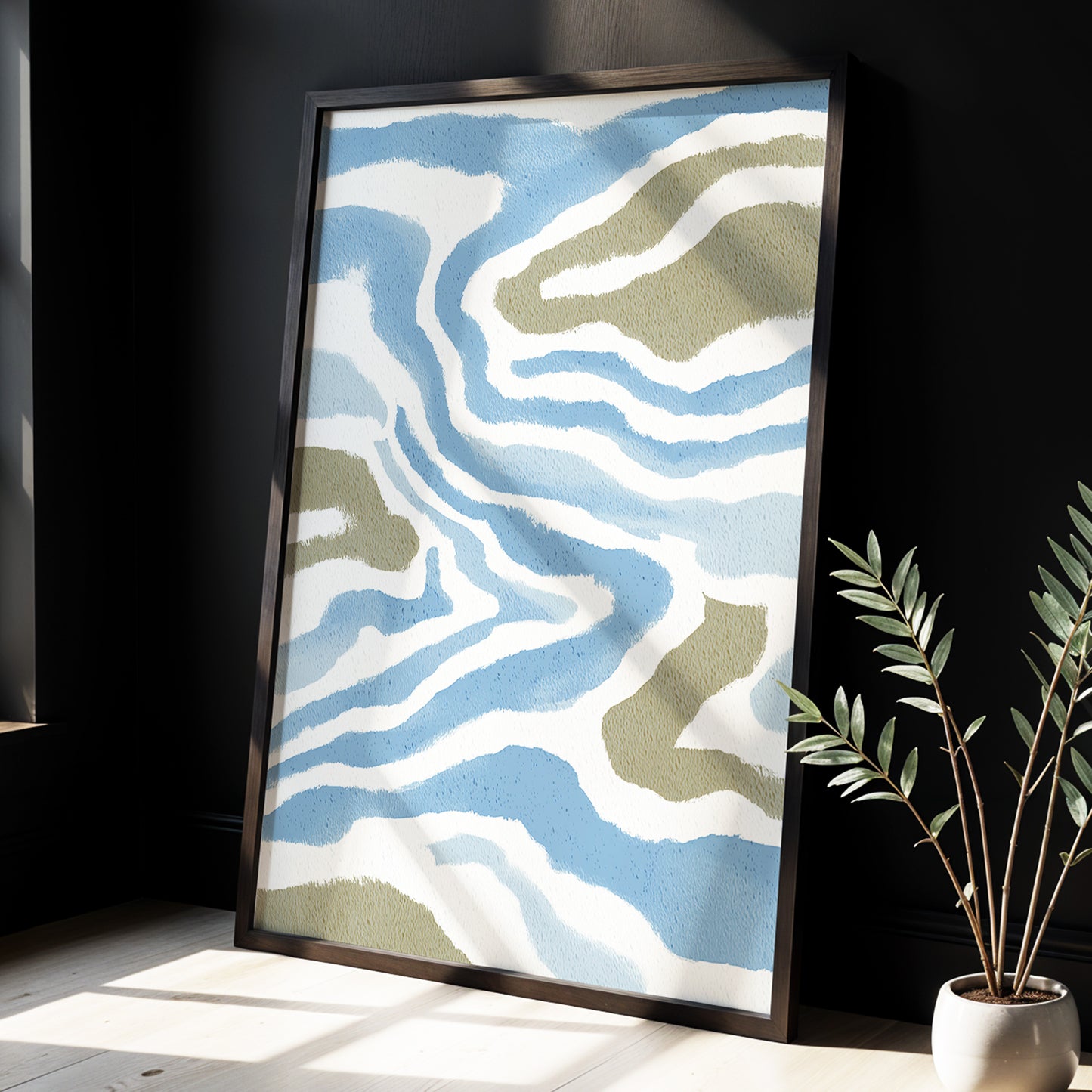 Tidal Contours, blue, white, beige nature wall art displayed in a styled interior, gallery view 6