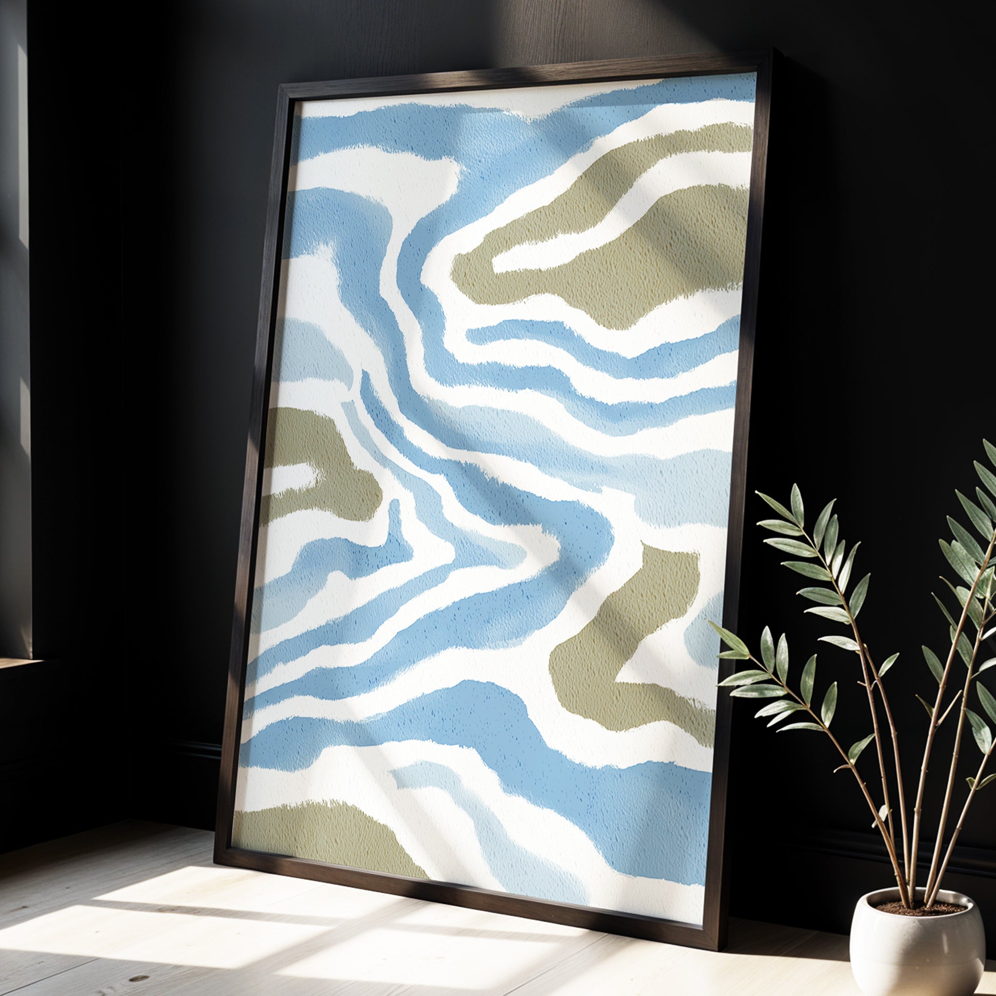 Tidal Contours, blue, white, beige nature wall art displayed in a styled interior, gallery view 6