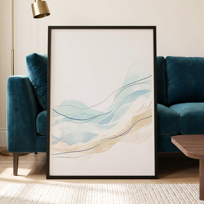 Tidal Contours, blue, beige, white abstract wall art displayed in a styled interior, gallery view 6