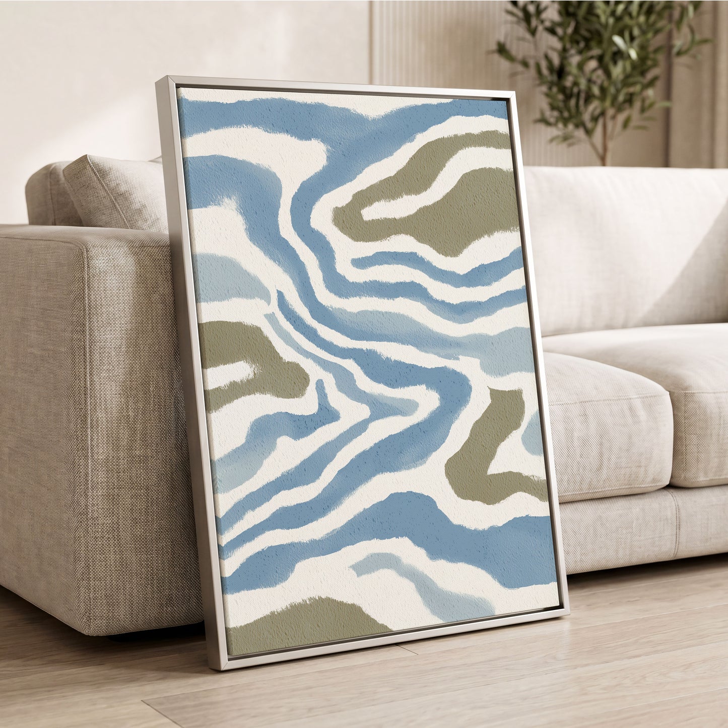 Tidal Contours, blue, white, beige nature wall art displayed in a styled interior, gallery view 8