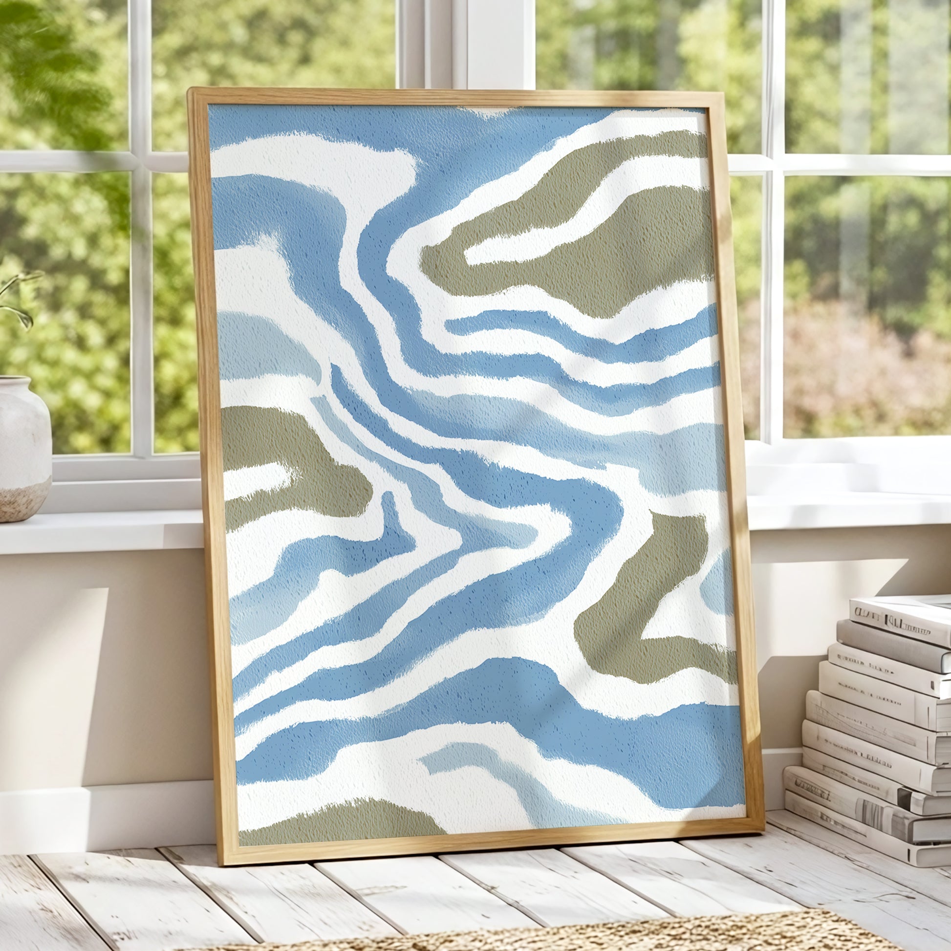 Tidal Contours, blue, white, beige nature wall art displayed in a styled interior, gallery view 9