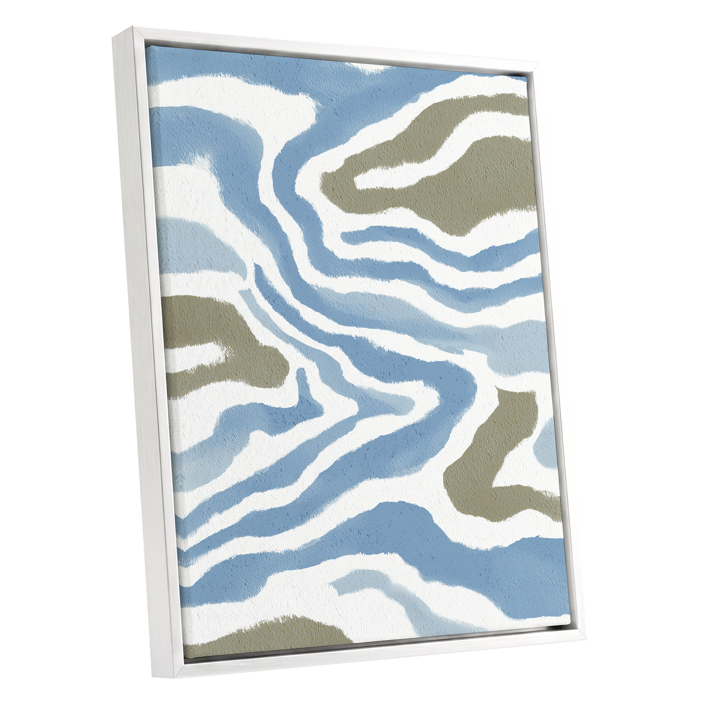 Tidal Contours, blue, white, beige nature wall art shown as a white framed canvas wall art