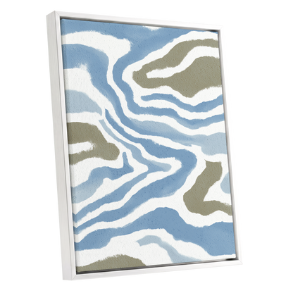 Tidal Contours, blue, white, beige nature wall art shown as a white framed canvas wall art